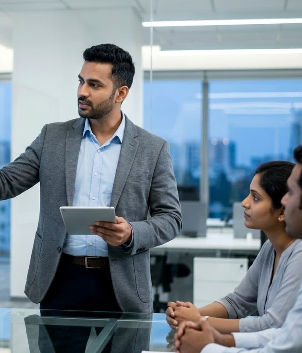 A Strive Logic consultant walking a client team through a data dashboard
