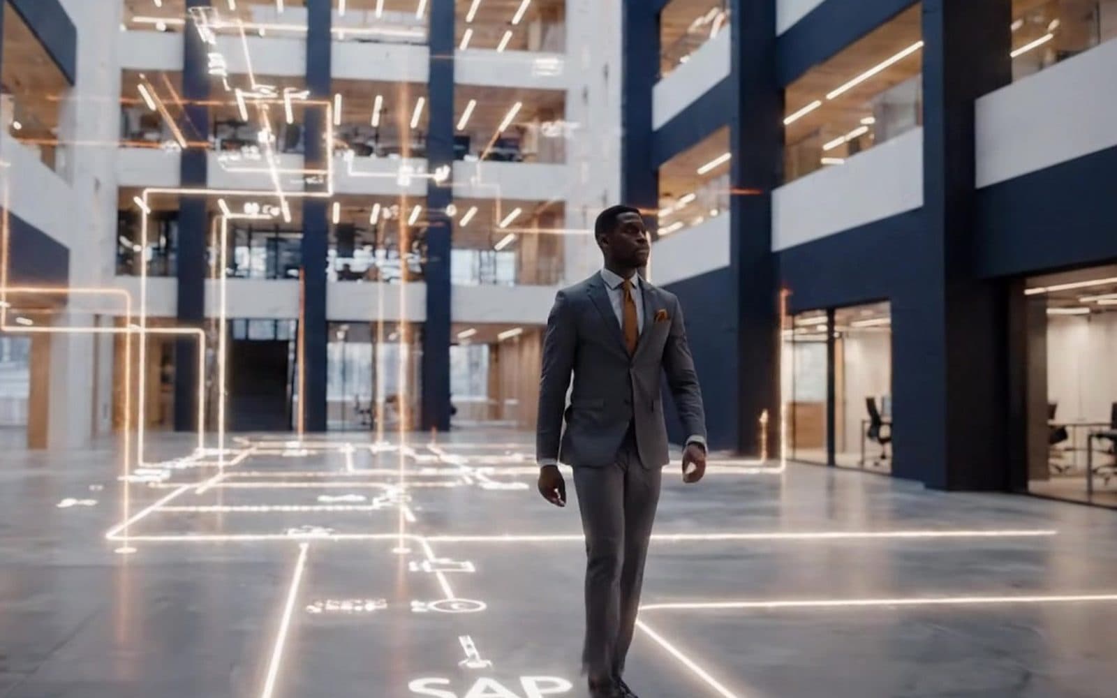 A consultant walking through a building traced with glowing data lines